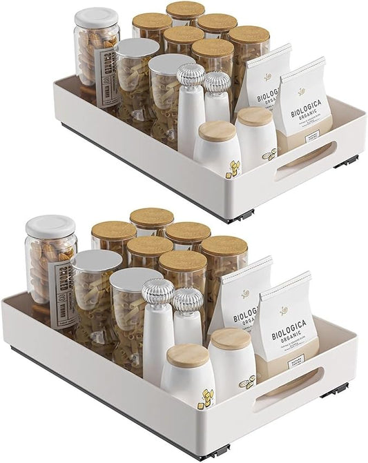 2 Pack Pull Out Cabinet Organizer, Adhesive Slide Out Drawer for Cabinets, Peel and Stick Pull Out Drawer Shelves, Multifunctional Drawer Organizers for Kitchen,Bathroom, Bedroom (White)