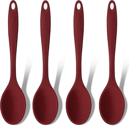 GEEKHOM Silicone Cooking Spoons, 4 Pieces 11" Heat Resistant Silicone Kitchen Utensils Set Large Serving Stirring Spoons for Non Stick Cooking, Mixing, Basting, Baking, Red