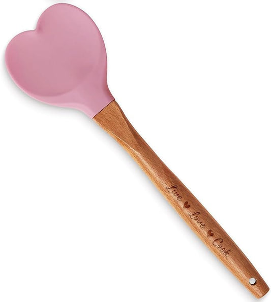 Gorgeous Heart shaped Bamboo Wooden Spoon with an engraved handle and heart shaped base hole for hanging The secret ingredient is Love The perfect addition to a kitchen (Pink Silicone)
