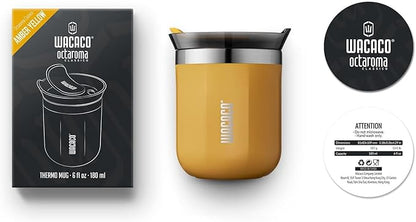 WACACO Octaroma Classico Travel Coffee Mug, Double-wall Stainless Steel Travel Tumbler With Drinking Lid, 6 fl oz (180ml), Amber Yellow