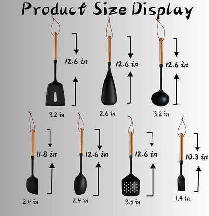 Exquisite Silicone Cooking Utensils Set - Non-Toxic, Heat-Resistant Kitchen Utensils Set with Food-Grade Silicone & Wood Handles - Includes Spatula & Spoon for Non-Stick Cookware, Black