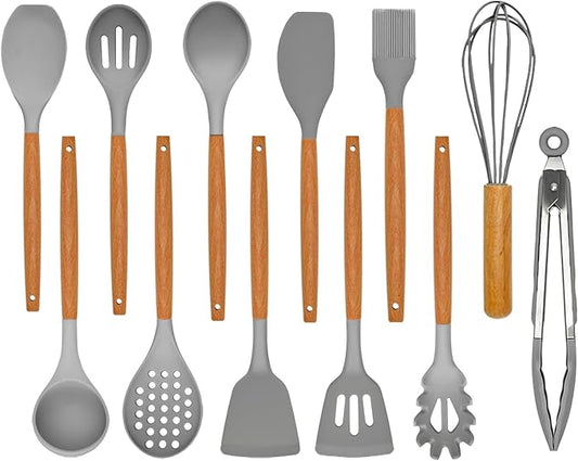Kitchen Utensils Set - 12 Pcs Silicone Cooking Utensils Set with Wooden Handle - Heat Resistant Non-Stick BPA Free Spatula Set,Turner, Spoon, Brush, Silicone Kitchen Gadgets Utensil Set