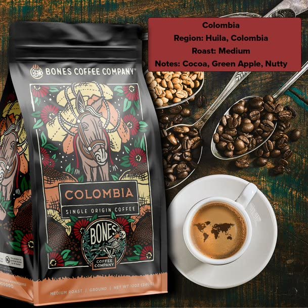 Bones Coffee Company Colombia Single-Origin Coffee, Almonds, Dried Fruit, Vanilla Notes, Flavored Whole Bean Coffee, Medium Roast Low Acid Arabica Beans, 12 oz Whole Bean
