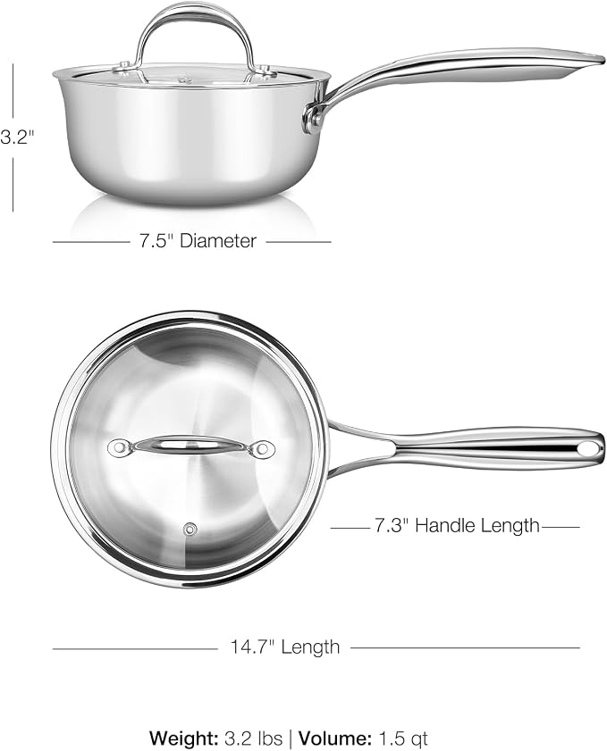 KEAWELL K3 Premium 1.5-Quart Tri-Ply Fully Clad Stainless Steel Saucepan with Lid, Induction & Oven Safe up to 600°F, Even Heating, Professional Cookware for All Stovetops (1.5-Qt)
