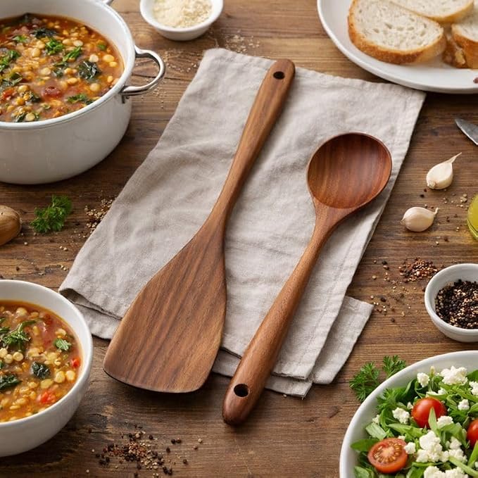 2 Piece Teak Wood Utensils Set– Flat Edge Turner & Serving Spoon – Non Toxic, Dishwasher Safe, Plastic Free Wooden Spatulas for Nonstick Pans – Essential Kitchen Utensils for Cooking"