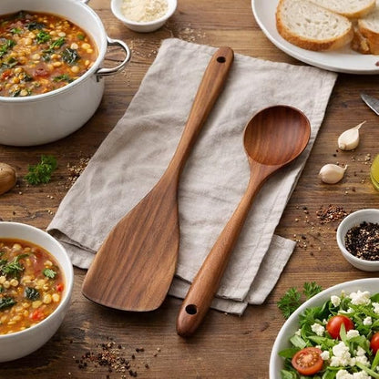 2 Piece Teak Wood Utensils Set– Flat Edge Turner & Serving Spoon – Non Toxic, Dishwasher Safe, Plastic Free Wooden Spatulas for Nonstick Pans – Essential Kitchen Utensils for Cooking"