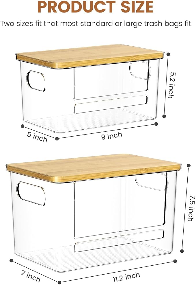 Trash Bag Dispenser 2 Pack, Stackable Trash Bag Holder with Bamboo Lid – Clear Plastic Garbage Bag Organizer for 4-33 Gal Bags, Space-Saving Under Sink Organizer for Kitchen, Laundry, Pantry