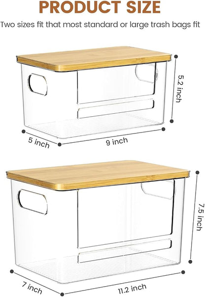 Trash Bag Dispenser 2 Pack, Stackable Trash Bag Holder with Bamboo Lid – Clear Plastic Garbage Bag Organizer for 4-33 Gal Bags, Space-Saving Under Sink Organizer for Kitchen, Laundry, Pantry