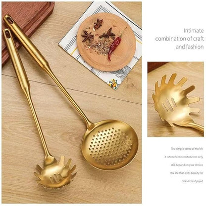 Premium 7-Piece Gold Kitchen Utensil Set with Stand, Stainless Steel Cooking Tools- Dishwasher Safe Ladle, Spoon, Spatula, Pasta Fork, Luxury Brass Kitchen Accessories for Home Chefs (Gold)