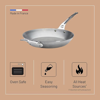de Buyer MINERAL B Pro Carbon Steel Country Fry Pan with Helper Handle - 12.5” Diameter, 9” Cooking Surface - Ideal for Sauteing, Simmering, Frying - Naturally Non-Stick Finish - Made in France