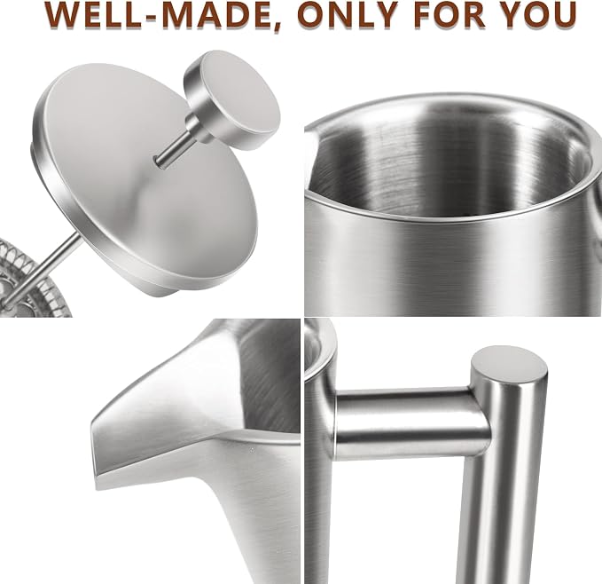 SZHETEFU French Press 34 OZ, Durable Stainless Steel French Press Coffee Maker, Double-Wall Insulated Coffee Presses for Travel Camping Tea, Easy to Use, Dishwasher Safe (Silver Matte)