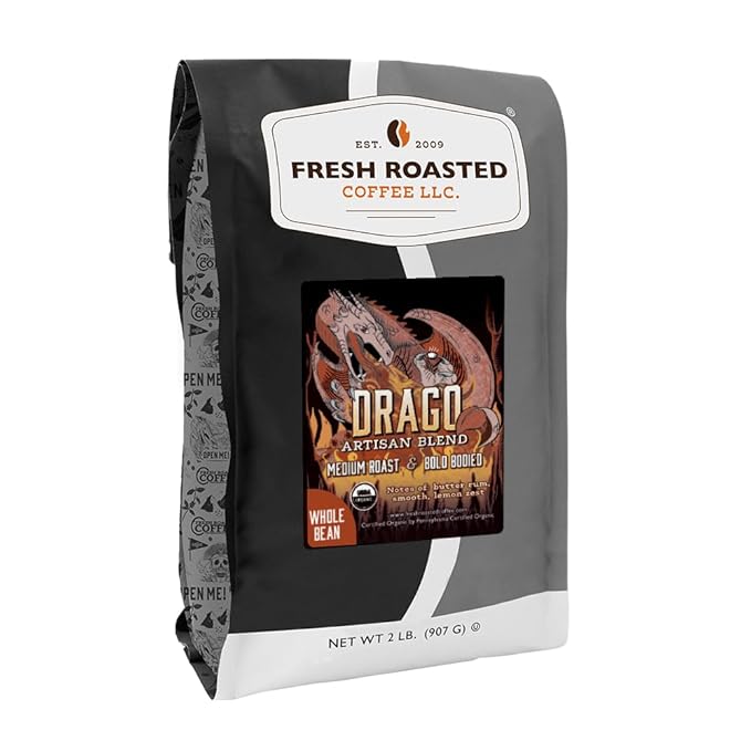 Fresh Roasted Coffee, Organic Drago Café Blend Whole Bean Coffee, Medium Roast, USDA Organic, Kosher, 2 lb (32 oz)