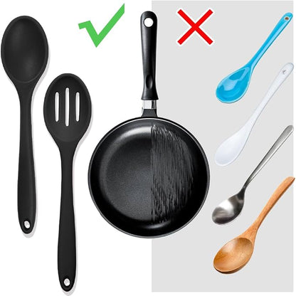 8 Pcs Heat Resistant Non Stick Silicone Serving Spoons Set -Ideal for Cooking, Baking, Mixing, Stirring Includes Slotted & Solid Spoons, Design for Nonstick Cookware (Black)