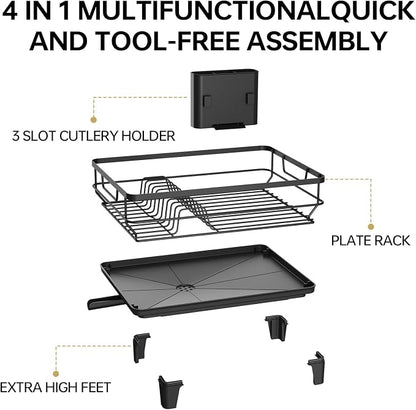 TOOLF Dish Drying Rack, Small Dish Racks for Kitchen Counter, Stainless Steel Sink Organization and Storage Essentials with Cutlery Holder, Dish Drainer, Home and Appartment Decor, Black