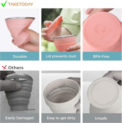 TakeToday Collapsible Travel Cup 8 oz - Silicone Foldable Water Cup, BPA-Free with Lid & Waterproof Bag - Drinking Cup Set for Camping, Outdoors & International Travel（Lowcountry Peach）