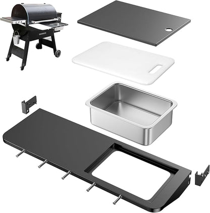 Utheer Folding Front Shelf for Traeger Pro 780 & Ironwood 885, 32.5"x11.5" | Heavy-Duty BBQ Prep Table, Cutting Board & Basin, 5 Hooks, 60-LB Load Steel