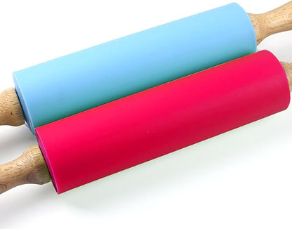Silicone Rolling Pin, Red 11.4 Inch Pin with Wooden Rotatable Handle for Dough of Baking Bread, Cookie, Pizza (red, 11.4 inch)