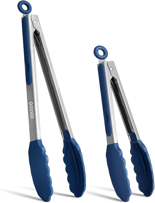 Tongs for Cooking, 600ºF High Heat-Resistant Stainless Steel Kitchen Tongs with Silicone Tips, Non Scratch, Locking Tong for BBQ Grilling Air Fryer Food Salads, Set of 2 (9" and 12") Navy Blue