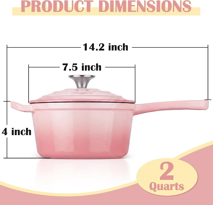 E-far Enameled Cast Iron Sauce Pan, 2 Quart Dutch Oven Saucepan with Lid, Small Sauce Pot for Cooking, Boiling, Healthy & Non Toxic, Induction & Oven Safe, Pink