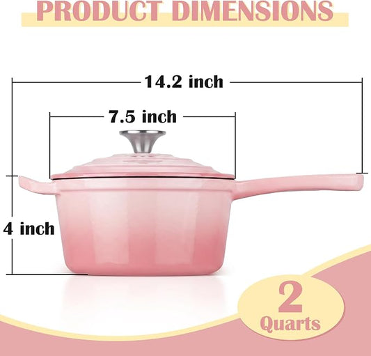 E-far Enameled Cast Iron Sauce Pan, 2 Quart Dutch Oven Saucepan with Lid, Small Sauce Pot for Cooking, Boiling, Healthy & Non Toxic, Induction & Oven Safe, Pink