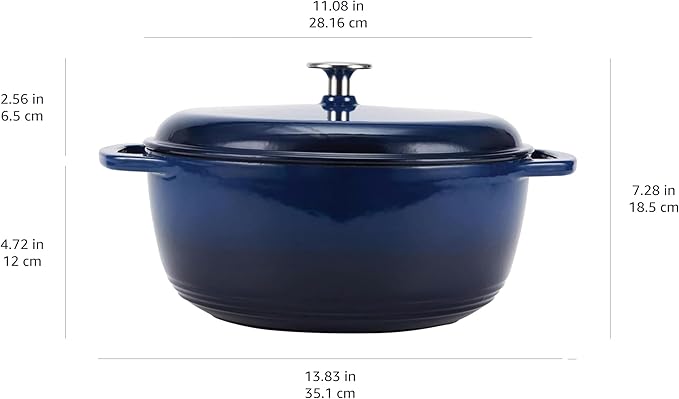 Amazon Basics Enameled Cast Iron Dutch Oven Pot with Lid, Round, Dual Handles, Heavy-Duty, Oven Safe for Stews, Roasting, Baking, 6-Quart, Navy