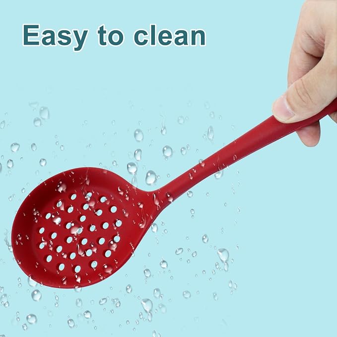 Hordion 1 Pcs Silicone Slotted Spoon, Red Strainer Spoon Non Stick Silicone Skimmer Heat Resistant Cooking Spoon