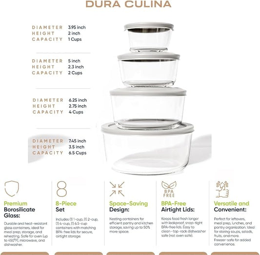 8-Piece Glass Food Storage Containers Set (4 Containers + 4 Lids) | Round, Nesting, Microwave & Dishwasher Safe | BPA-Free, Space-Saving | Grey Lids for Pantry & Kitchen Organization, Grey
