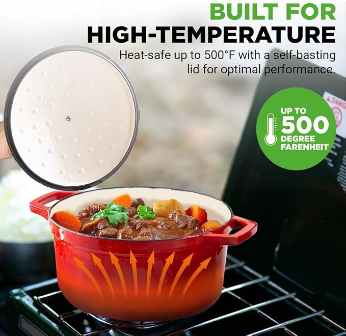 NutriChef Enameled Cast Iron Dutch Oven – 5 QT Pot with Lid, Cooking Pot with Moisture-Sealing Lid for Bread Baking, Stews, Braising, Roasting, Marinating & Slow Cooking – Oven Safe Up to 500°F