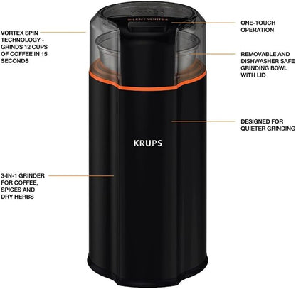 KRUPS Silent Vortex Electric Coffee Grinder: 3 oz Capacity, 5x Quieter, 175W Motor for Coffee Beans, Spices & Herbs - Removable Dishwasher-Safe Bowl, 12-Cup Yield, Black