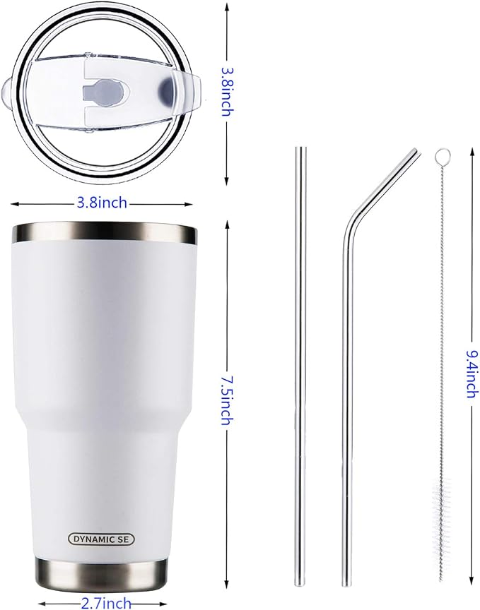 D·S 30oz White Tumbler Stainless Steel Double Wall Vacuum Insulated Mug with Straw and Lid, Cleaning Brush for Cold and Hot Beverages (30oz White)