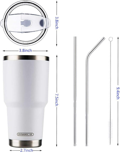 D·S 30oz White Tumbler Stainless Steel Double Wall Vacuum Insulated Mug with Straw and Lid, Cleaning Brush for Cold and Hot Beverages (30oz White)