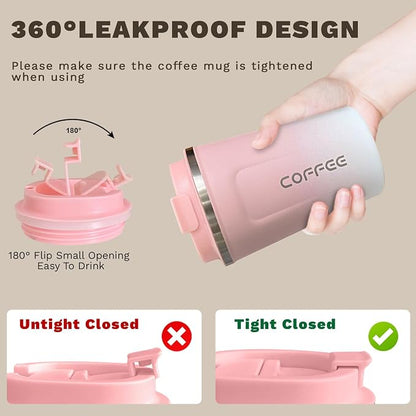 SPLMIFA Travel Coffee Mug Leak-Proof, Reusable Coffee Cups with Lids, Stainless Steel Vacuum Insulated Coffee Tumblers, Thermal Insulation Cup for Men and Women Hot & Cold Drinks(2nd-Pink White, 17OZ)