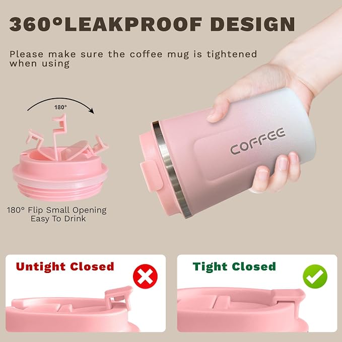 SPLMIFA Travel Coffee Mug Leak-Proof, Reusable Coffee Cups with Lids, Stainless Steel Vacuum Insulated Coffee Tumblers, Thermal Insulation Cup for Men and Women Hot & Cold Drinks(2nd-Pink White, 12OZ)