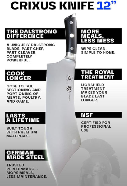 Dalstrong Chef & Cleaver Hybrid Knife - 12 inch Extra-Large - The Crixus - Gladiator Series Elite - HC German Steel - G10 Handle - Heavy Duty - w/Sheath - NSF Certified