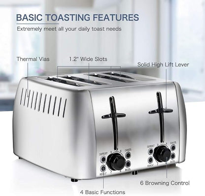 Toaster 4 Slice Stainless Steel Bagel Toaster Extra Wide Slots with 6 Browning Setting, Bagel/Reheat/Defrost/Cancel Function for Toasting Bread, Bagels and Waffles, 1500W, Silver