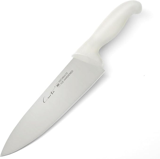 CURTA 8-inch Commercial-Grade Chef's Knife, NSF Listed, Ergonomic, Non-slip White Handle, High Carbon 420 Stainless Steel Forged Blade Straight Edge, Dishwasher Safe, Rust Proof