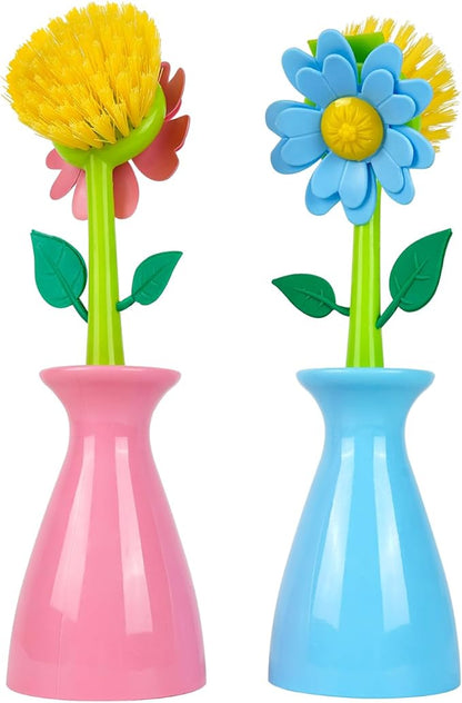 Long Handle Vegetable and Fruit Brush, Florganic Dish Brush with Vase, Long Handle Dish Brush Kitchen, for Cleaning Pot Pan Sink Kitchen Supplies Decorative Vase (2 Pcs Blue, Pink)