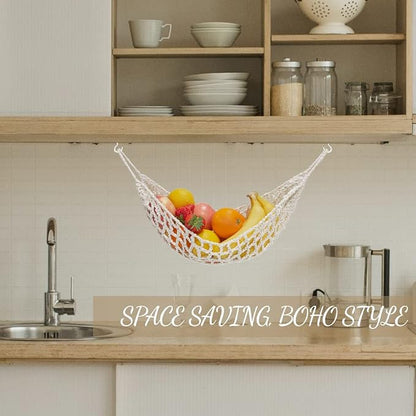 Fruit Hammock for Kitchen Under Cabinet Fruit Basket Hanging Handwoven Cotton Macrame Basket Boho Decor Storage Save Counter Space for Home Camper RV (Off-white)