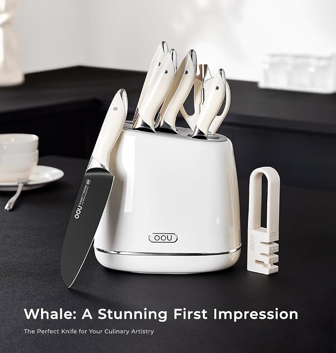 OOU Kitchen Knife Block Set - 15 Pieces High Carbon Stainless Steel Chef Knife Sets, Anti-Rust Black Knives Set with Sharpener，White