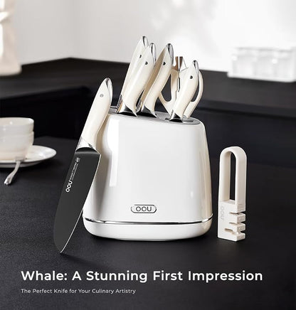 OOU Kitchen Knife Block Set - 15 Pieces High Carbon Stainless Steel Chef Knife Sets, Anti-Rust Black Knives Set with Sharpener，White
