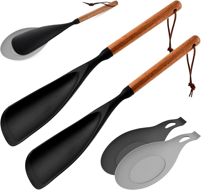 2 Pack Cedar and Ash Spoonula with 2 Spoon Pad, Multifunction Spatula Cooking Spoon, Non stick Flat Serving Spoons, Scraping & Serving Heat-Resistant Spatula