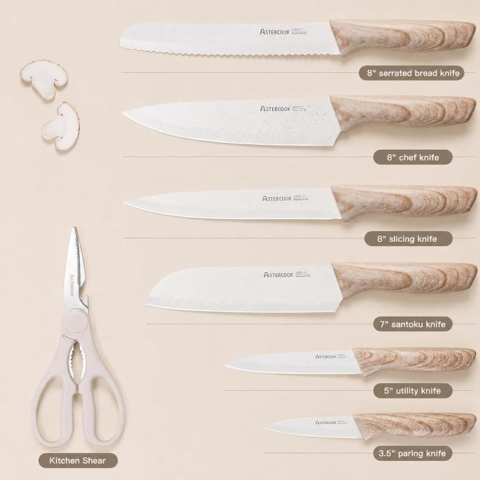Astercook Knife Set, 13 Pieces Kitchen Knives Set with Ceramic Coating, Stainless Steel Chef Knife Sets with 6 Blade Guards, Dishwasher Safe Knives with Wooden Handle, Elegant White