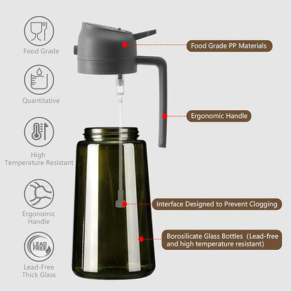SWEET VIEW 2PCS Olive Oil Dispenser and Oil Sprayer – 16oz/470ml Glass Light-Proof Oil Pourer for Kitchen Air Fryer, Cooking, Salad, and BBQ, with Stickers