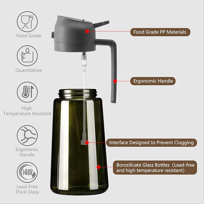 SWEET VIEW Olive Oil Dispenser and Oil Sprayer – 16oz/470ml Glass Light-Proof Oil Pourer for Kitchen Air Fryer, Cooking, Salad, and BBQ, with Stickers