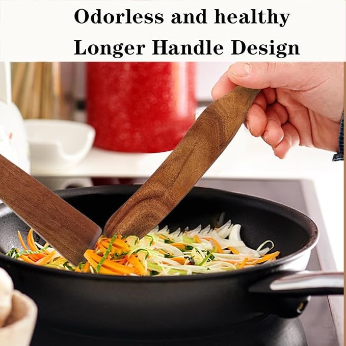 Wooden Kitchen Utensils Set, 4 Pcs Natural Acacia Wood Cooking Tools - Spurtle Set with Spatulas & Cleaning Brush, Non-Scratch for Non-Stick Pans, Safe for Home Cooking
