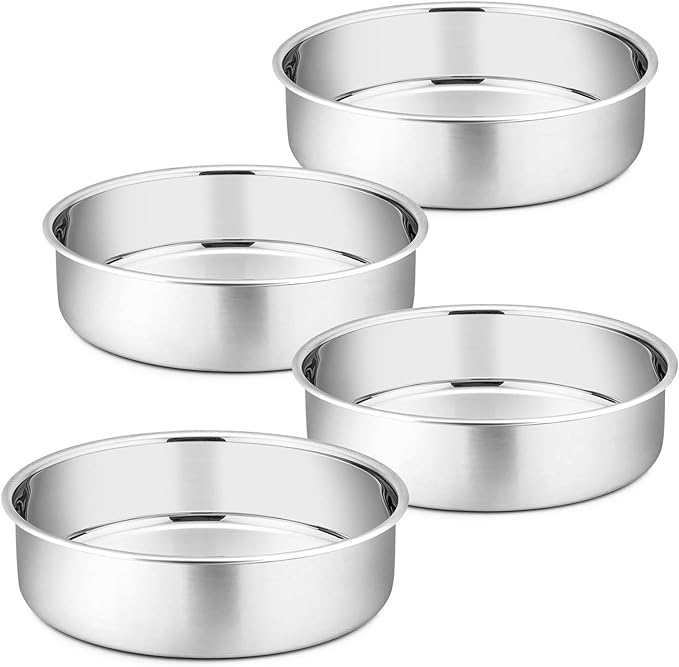 P&P CHEF 8 Inch Cake Pan Set of 4, Stainless Steel Baking Round Cake Pans Tins Bakeware for Birthday Wedding, Leak-proof & Easy Clean, Mirror Finish & Easy Releasing