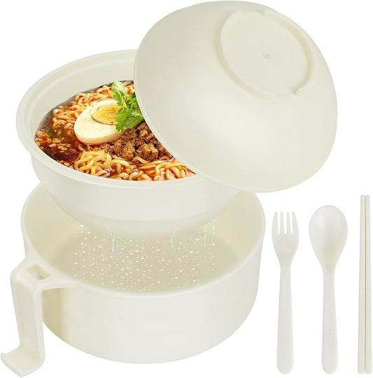 Ramen Bowl Set, Ramen Cooker 33 oz, Ramen Bowls with Chopsticks and Spoon, Microwave Pasta Cooker, College Dorm Essentials for Girls Guys (White)