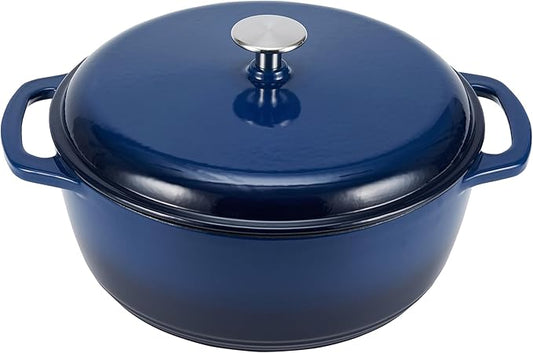 Amazon Basics Enameled Cast Iron Dutch Oven Pot with Lid, Round, Dual Handles, Heavy-Duty, Oven Safe for Stews, Roasting, Baking, 7.3-Quart, Navy