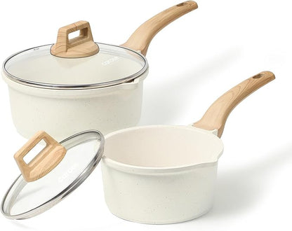 CAROTE 1.5Qt & 3.0Qt Sauce Pan Sets with Lid Cooking Pots Nonstick Saucepans Cookware Set with Pour Spout Small Kitchen Pot, Induction Comptable, Easy to Clean, PFOA FREE (White Granite)