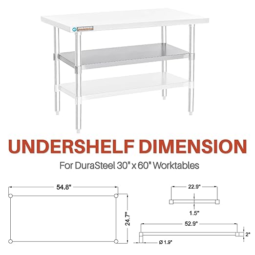 DuraSteel Galvanized Under Shelf for Work Tables - Extra Adjustable Lower Shelf for 30'' x 60'' Stainless Steel and Wooden Worktables - Fits for use in Restaurant, Warehouse, Home, Kitchen, Garage